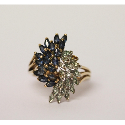 497 - A large 9ct gold sapphire and diamond cluster cocktail ring, hallmarked, ring size P, gross wt 5 gra... 