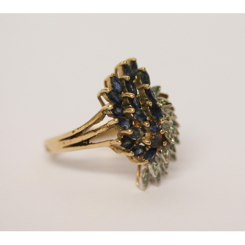 497 - A large 9ct gold sapphire and diamond cluster cocktail ring, hallmarked, ring size P, gross wt 5 gra... 