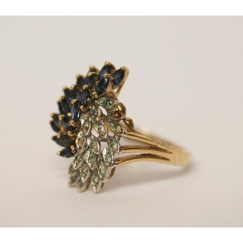 497 - A large 9ct gold sapphire and diamond cluster cocktail ring, hallmarked, ring size P, gross wt 5 gra... 