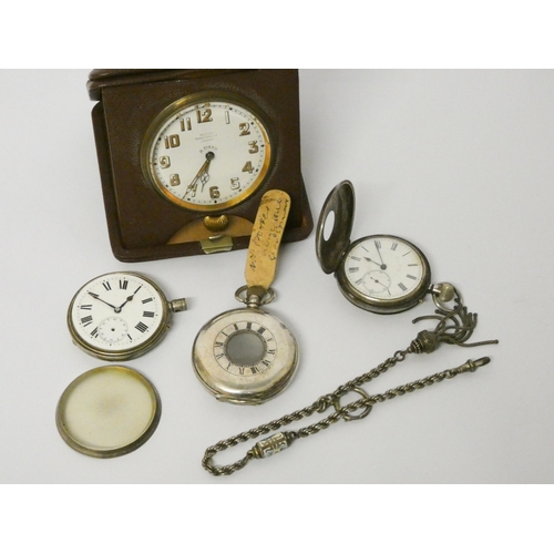 557 - An Asprey travel clock in leather case, Three silver cased pocket watches and an albertine chain wit... 