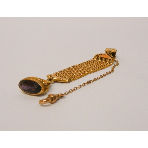 559 - Victorian yellow metal watch fob chain, with amethyst set fob, 28g