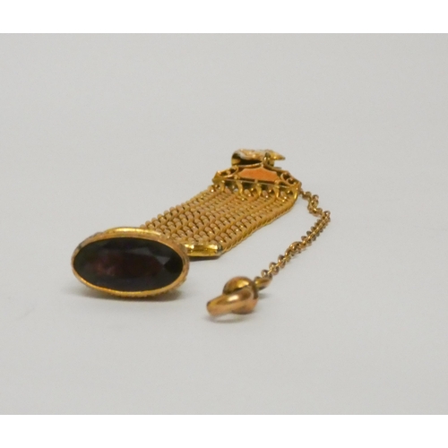 559 - Victorian yellow metal watch fob chain, with amethyst set fob, 28g