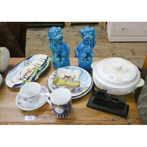 139 - A pair of Dog of Fo ornaments, assorted plates, tureen, cups and saucers, train engine etc