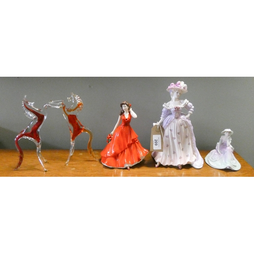 209 - Pair of Murano glass rearing horse ornaments, Coalport 'Mrs Fitzherbert' figurine, 'Fascination' and... 