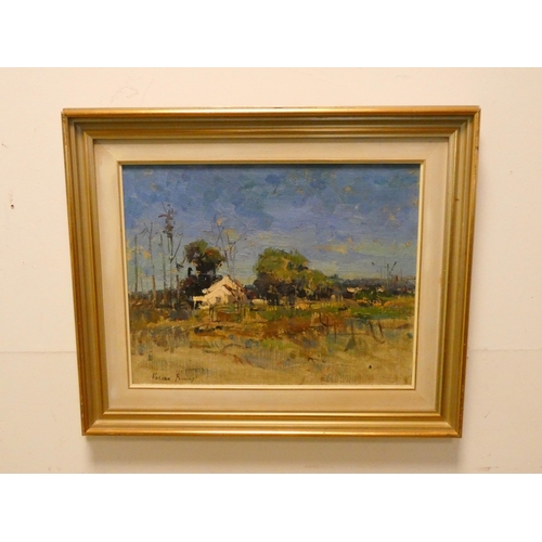 301 - Modern oil on canvas of a country scene, indistinctly signed and a small framed oil painting