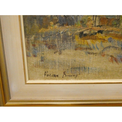 301 - Modern oil on canvas of a country scene, indistinctly signed and a small framed oil painting