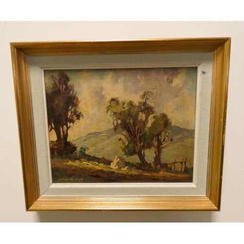 301 - Modern oil on canvas of a country scene, indistinctly signed and a small framed oil painting