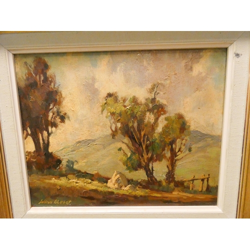 301 - Modern oil on canvas of a country scene, indistinctly signed and a small framed oil painting