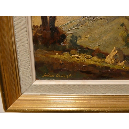 301 - Modern oil on canvas of a country scene, indistinctly signed and a small framed oil painting