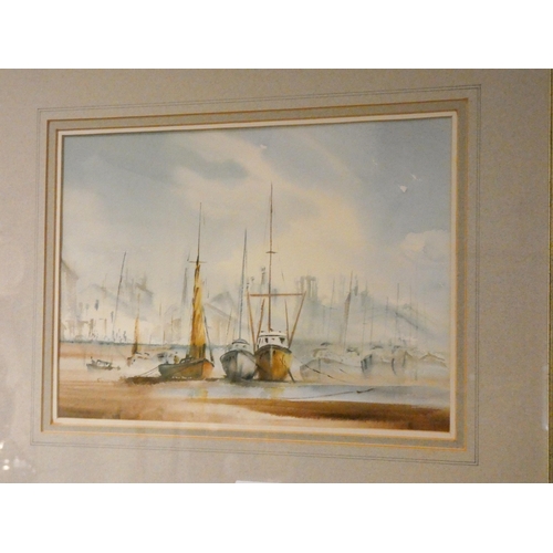 337 - A modern framed watercolour of beached sailing boats