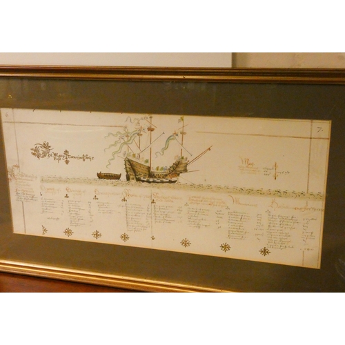 338 - A gilt framed copy of the Anthony Roll depiction of the Mary Rose ship.