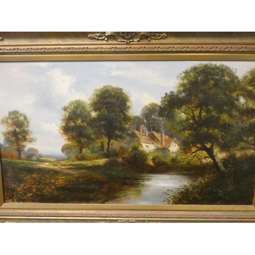 340 - Victorian style oil painting of a lake and country cottage scene in decorative gilt frame, signed Y ... 