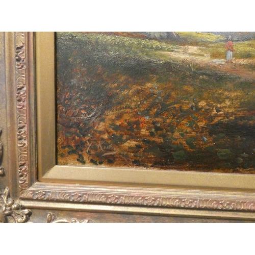 340 - Victorian style oil painting of a lake and country cottage scene in decorative gilt frame, signed Y ... 