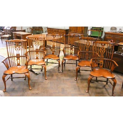 395 - Set of six 20th century antique style Windsor arm chairs, with pierced vase shaped splats and cross ... 