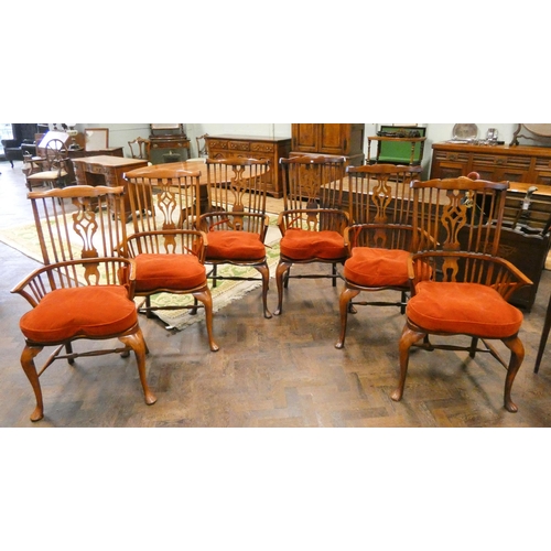 395 - Set of six 20th century antique style Windsor arm chairs, with pierced vase shaped splats and cross ... 