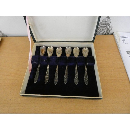 411 - A set of six silver coffee bean ended spoons in case & a set of six silver handled pastry knives and... 