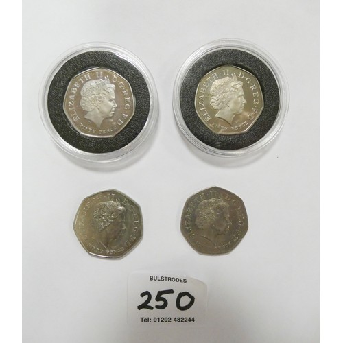 250 - Four Kew Garden 50 pence pieces 2009, two of which are proof, one taken from circulation and the oth... 