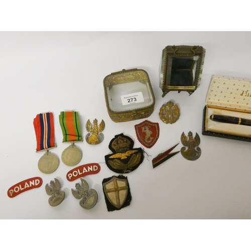 273 - A collection of cap badges, old Parker Pen and two gilt metal trinket boxes