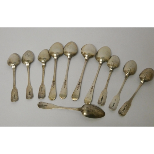 636 - 19th century Irish silver flatware - a collection of eleven assorted spoons. Gross weight 8.3 troy o... 