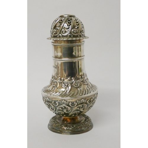 637 - A Victorian silver table sugar caster, embossed decoration, hallmarked Sheffield 1895, Fenton Bros. ... 