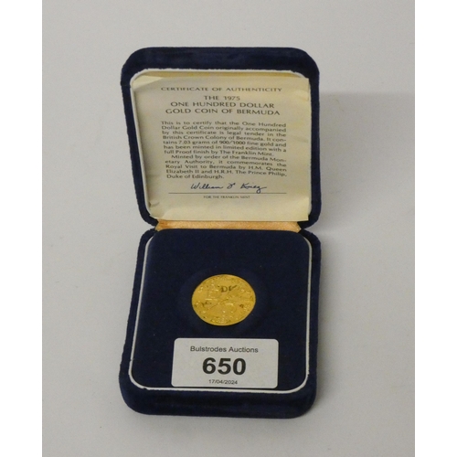 650 - Bermuda $100 Gold commemorative coin, 7.03 grams