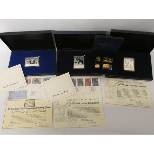 656 - Sterling silver Stamp replicas, three weighing 2.4 troy oz each and a cased set of four silver gilt ... 