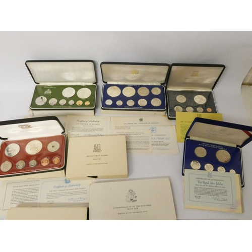 664 - Nine proof sets - a mixture of silver and copper nickel - Guyana, Bahamas, Jamaica, BVI etc