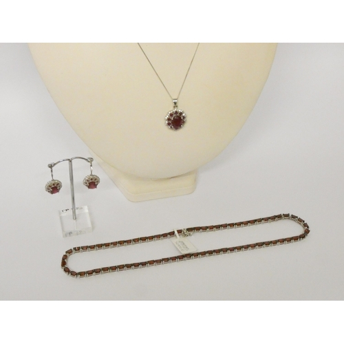 456 - Silver garnet necklace, a silver and ruby cluster pendant and pair of matching earrings