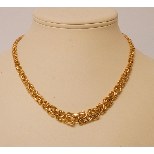 465 - 9ct yellow gold fancy woven link graduated necklace, 11.4gms