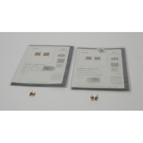 468 - Two pairs of champagne diamond ear studs on 9ct rose gold posts with SGL certificates - as new unwor... 