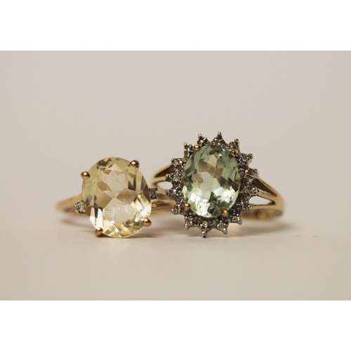 481 - 9ct gold lemon topaz and diamond ring, ring size J and a green topaz ring on 9ct gold band, size N, ... 