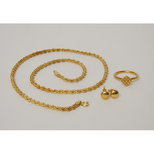 487 - A 9ct yellow gold faceted top dress ring, size N, 9ct gold rope twist chain necklace and a pair of b... 