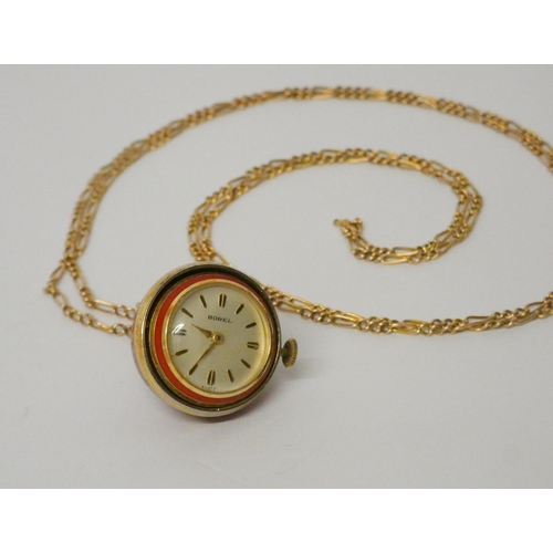 508 - Long gold Figaro link chain, 5.8 grams, with vintage 'Borel' ball pendant red enamel fob watch, chai... 