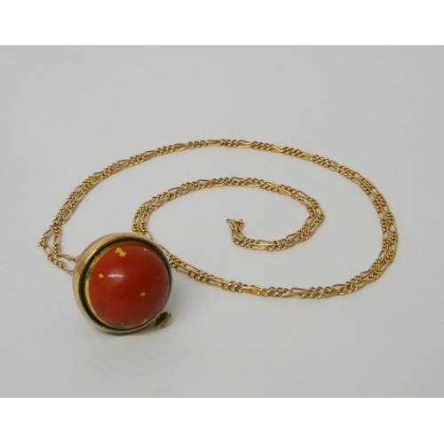 508 - Long gold Figaro link chain, 5.8 grams, with vintage 'Borel' ball pendant red enamel fob watch, chai... 