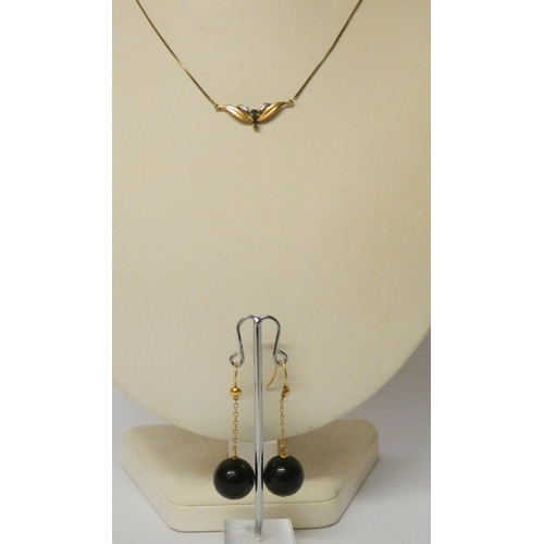 509 - A pair of vintage gold and bead drop earrings together with a  modern sapphire and diamond necklet o... 