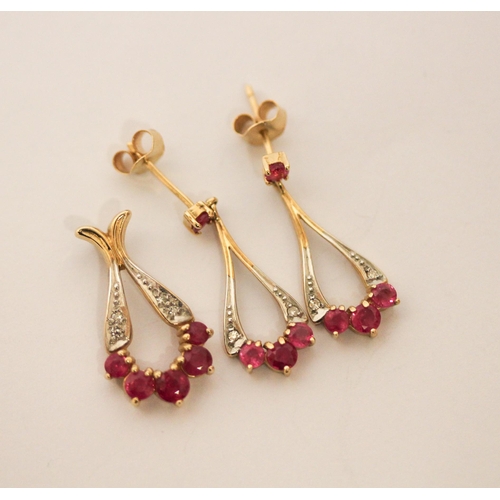 534 - A modern ruby and diamond pendant and drop earring set, in 9ct yellow gold