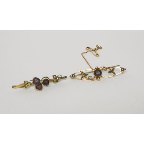 548 - Two Edwardian amethyst and seed pearl bar brooches on 9ct gold bars, gross weight 6.1g