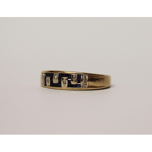 561 - Sapphire and diamond half hoop ring, of Greek key design on 9ct gold band, hallmarked, ring size Q, ... 