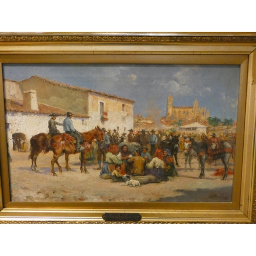 108 - Emilio Poy Dalmau 1876-1933 Spanish oil on canvas of 'Feria en Salamanca', depicting a market scene ... 