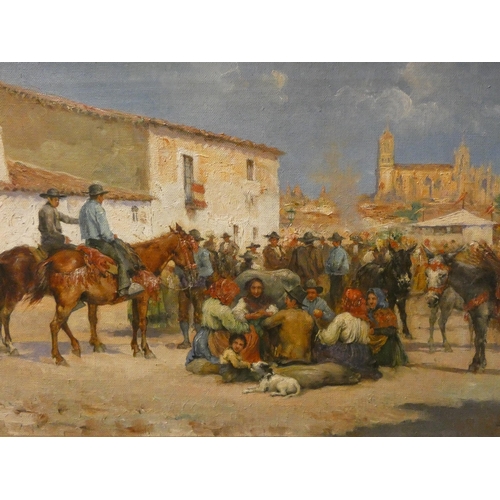 108 - Emilio Poy Dalmau 1876-1933 Spanish oil on canvas of 'Feria en Salamanca', depicting a market scene ... 