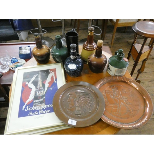 63 - Two Schweppes advertising prints, pub related bottles, two copper trays etc