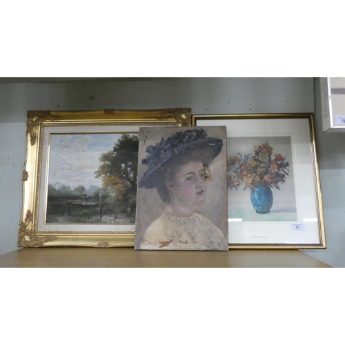 67 - Oil painting in gilt frame, still-life of flowers and a portrait of a lady