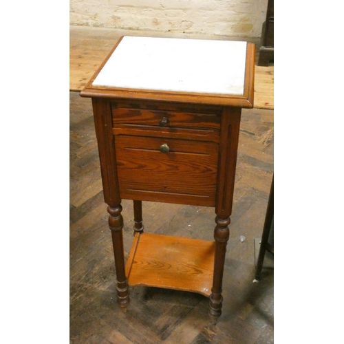 75 - A French pine bedside cabinet fitted drawer with under shelf with inset white marble top