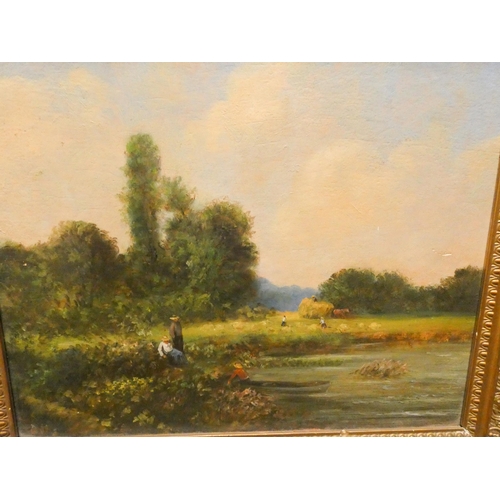 134 - A late 19th century oil on board of a country scene, framed, image size, approximately 12