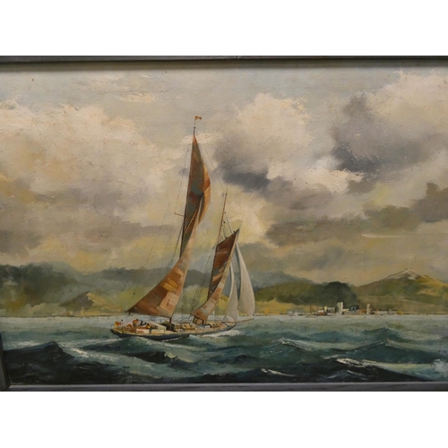 135 - An early 20th century oil on canvas of a sailing yacht, signed Bassage, framed, image size approxima... 