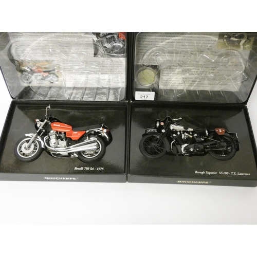 217 - Two Minichamps scale models of motorcycles, 1:12 scale, boxed. Lawrence of Arabia Brough & Benelli 7... 