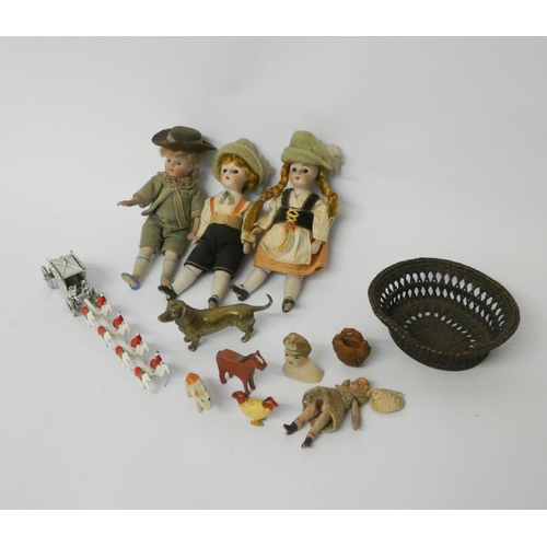 252 - Three miniature jointed bisque dolls, coronation coach and other collectables