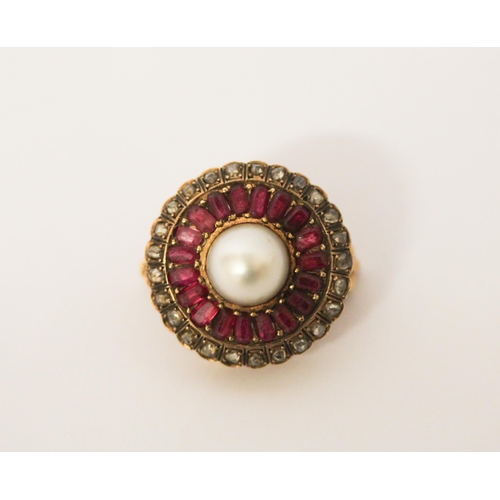 529 - Antique ruby, rose cut diamond and pearl target brooch, unmarked yellow metal tests as gold. 19mm di... 