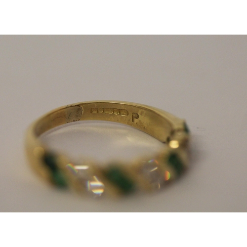 587 - 18ct yellow gold emerald and diamond half hoop eternity ring, hallmarked, ring size M, gross weight ... 