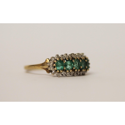 588 - A five stone emerald and diamond cluster half hoop ring, on hallmarked 9ct gold band, ring size N, g... 